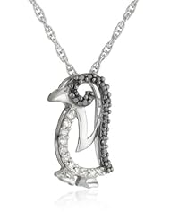 Sterling Silver Black and White Diamond Penguin Pendant Necklace (1/7 cttw)