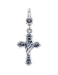Sterling Silver Antiqued Passion Cross with Robe Charm, Black CZs, Easy Clip-on