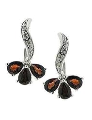14K White Gold 0.03ct Diamond & Three Prong Triple Flower Pear Garnet Earrings