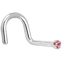 Solid 18KT White Gold 1.5mm Genuine Pink Sapphire Right Nostril Screw- 18 Gauge