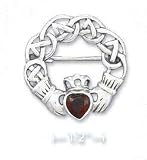 Sterling Silver Celtic Design Claddaugh With Synthetic Garnet Center Pin