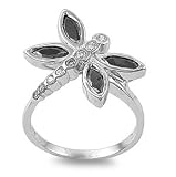 Rhodium Plated Sterling Silver 20mm Dragonfly Black & Clear CZ Ring (Size 5 - 10)