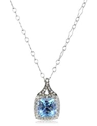 Badgley Mischka Fine Jewelry White and Champagne Diamonds Cushion Cut Blue Topaz Pendant Necklace
