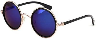 Male and female models circular frame Colorful retro reflective sunglasses tide wild (Gold-framed dark blue lenses)