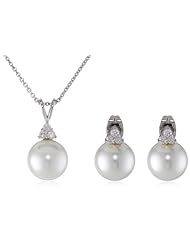 Sterling Silver Simulated Pearl with 3 Cubic Zirconia Top Earrings and Pendant Necklace, 16", Set
