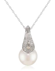 10K White Gold 9 - 9.5mm Freshwater Cultured Pearl and (0.04 cttw, G-H Color, I2-I3 Clarity) Diamond Pendant Necklace, 17"