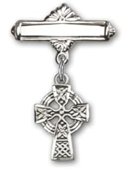 Sterling Silver Baby Badge with Celtic Cross Charm and Polished Badge Pin