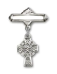 Sterling Silver Baby Badge with Celtic Cross Charm and Polished Badge Pin