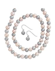 Sterling Silver Pink/Grey 7-8mm Fresh Water Cultured Potato Pearl 3 Piece Gift Set