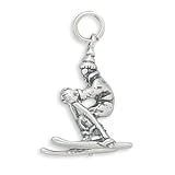 Sterling Silver Charm Pendant Snow Skier 3d Skis Poles