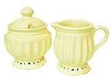 Ceramic Tea Party Sugar Bowl & Cream Creamer Set Battenburg Pattern - Ivory