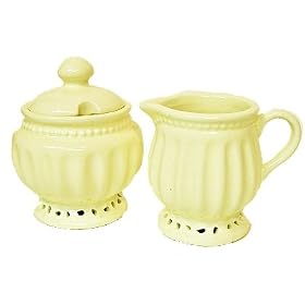 Ceramic Tea Party Sugar Bowl and Cream Creamer Set Battenburg Pattern - Ivory by The Queen's Treasures