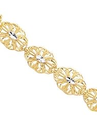 2-Tone Rhodium & 14K Yellow Gold Oval Metal Mold Diamond Cut Filigree Bracelet