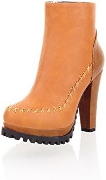 QueenFashion Womens Closed Round Toe High Heel Soft Material PU Boots with Zipper, Yellow, 39