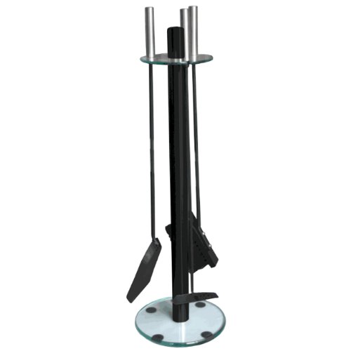 Serviteur de cheminée avec 3 accessoires - noir-revêtu avec fond de verre - avec poignées en acier inoxydable - avec pelle, brosse, et crochet