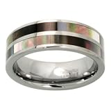 Tungsten Carbide 8 mm (5/16) Comfort Fit Striped Flat Band w/ 2 Rows Mother of Pearl Inlay. LIFETIME WARRANTY.