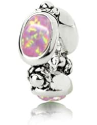 Best Gift, Sterling Silver Rondelles Charm with Pink Lab Opal , Fits Pandora and All Brands Charm Bracelets and Necklaces