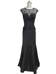 Scoop Neck Satin Floor Length Cap Sleeves Peplum Lace Illusion Beaded Mermaid Natural   Waistline Prom Dress 