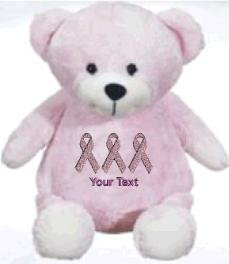 31KtDlcHFgL Stuffed 14 teddy bear with personalized custom embroidered Breast Cancer pink support ribbons.