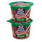 Marjack Products - Instant Oatmeal Cups, 1.9 oz., 24/CT, Apple Cinnamon - Sold as 1 CT - Quaker Oatmeal Express delivers a warm and delicious breakfast flavored with sweet and fruity flavor of baked apples. Simply add hot water to the high in fiber treat. Single-serve, insulated microwavable or hot water-friendly cup makes it quick and easy to prepare. Easy internal fill line on the curved bowl and a cool-to-the-touch exterior make Oatmeal Express truly portable.
