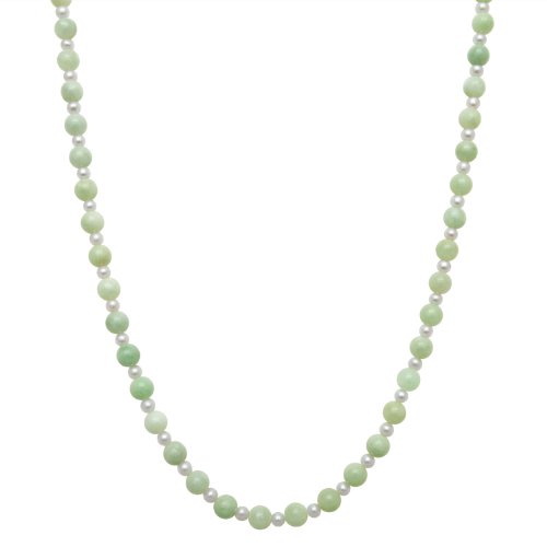 4mm White Freshwater Pearl and Alternating 8mm Green Jade Necklace with 14K Gold Clasp