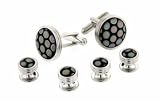 Silver plated black peacock art glass cufflinks and shirt stud formal set with presentation box. Made in the U.S.A