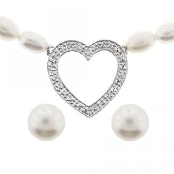 Freshwater White Pearl Heart Necklace & Stud Earrings Set in Sterling Silver