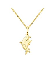 14K Yellow Gold Dolphin Charm Pendant with Yellow Gold 1.2mm Singapore Chain with Spring Ring Clasp - Pendant Necklace Combination (Different Chain Lengths Available)