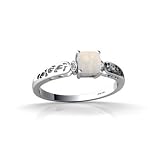 14K White Gold Genuine Square Opal and Diamond Filligree Ring