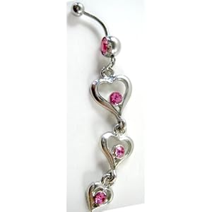 Pink Crystal CZ Dangle Belly Button Navel Ring Bar Silver - Chandelier Style - Tri-Heart 3 tier...