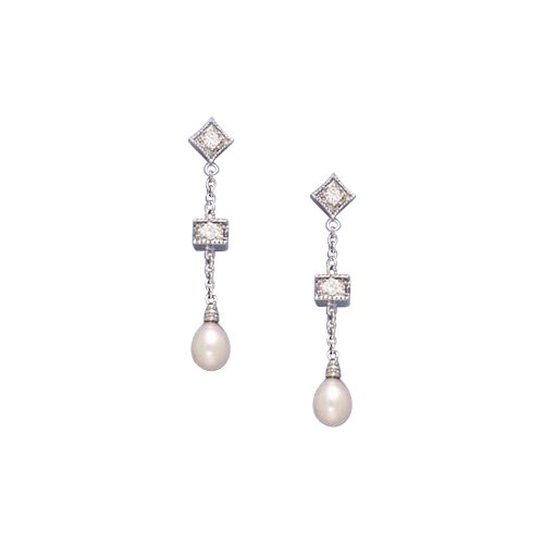 Sterling Silver Cubic Zirconia Fresh Water Pearl Dangle Earrings