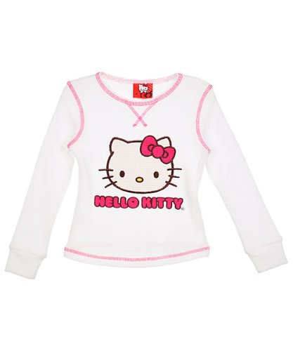 Hello Kitty Girls 7-16 Long Sleeve Thermal Top with Chainstitch Applique, Bright White, 12-14