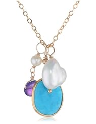 Turquoise, Amethyst, and White Baroque Freshwater Cultured Pearl (9.5-10mm) Pendant with Gold-Plated Sterling Silver Necklace, 16"+2" extender