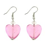 Silver Tone Pink Glass Heart Drop Earrings