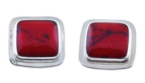Sterling Silver Red Jasper Inlay Square Button Earrings