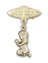 14kt Gold Baby Badge with Praying Girl Charm and Badge Pin with Cross