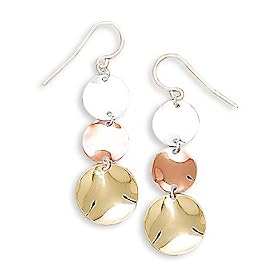 Graduated Triple Disk Earrings of Sterling Silver, Rose and Yellow Gold Plate by 