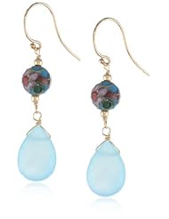 Blue Cloisonne with Faceted Flat Pear-Shaped Dyed Sea Blue Chalcedony Briolette Earrings