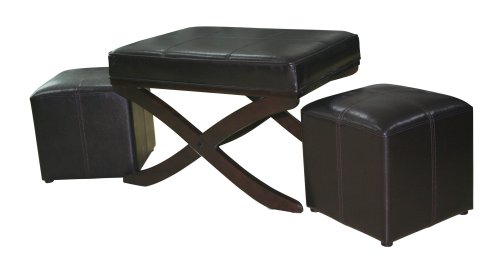 Global Distinctions Cross-Leg Bench with 2 Cubes, Brown Faux Leather