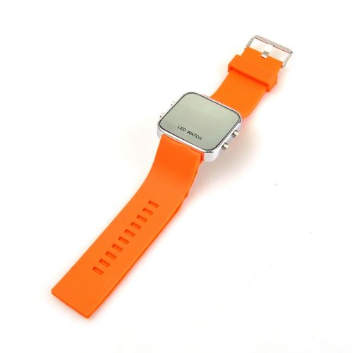 BestDealUSA Orange Band Mirror LED Digital Date Silicon Casual Sport Wrist Watch Unisex