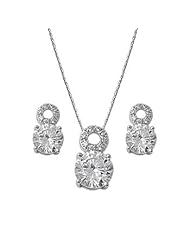 Sterling Silver Round Clear CZ Earrings and Necklace Jewelry Set
