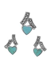 Sterling Silver Turquoise Heart Fancy Marcasite Earring Pendant Set