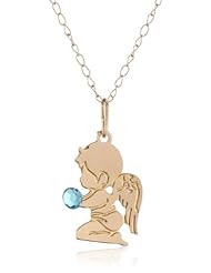 14K Yellow Gold Aqua Cubic Zirconia Boy Angel Pendant Necklace, 13"