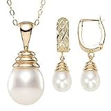 14k Gold Diamond Cut Pearl Earring and Pendant Set