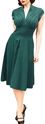 PARICI Womens Elegant Dress Deep V Neck Sexy Hepburm 1950S Vintage Swing Dress,Green,Medium(USA Size:4-6)