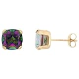 10k Gold 7mm Cushion Cut Mystic Fire Topaz Stud Earrings