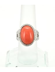 14K White Gold Diamond/Coral Ring