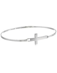 Sterling Silver Catch Sideways Cross and "Faith Hope Love" Engraved Inside Bangle Bracelet, 8"