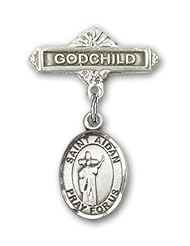 Sterling Silver Baby Badge with St. Aidan of Lindesfarne Charm and Godchild Badge Pin