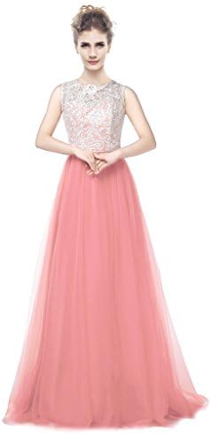ESY Women's Sheer A Line Applique Lace and Tulle Formal Dress Evening Rose US8
